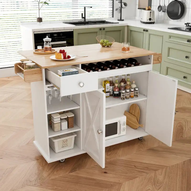 Chariot de cuisine roulant avec plateau en bois massif, casier à vin et tiroir, blanc, style moderne