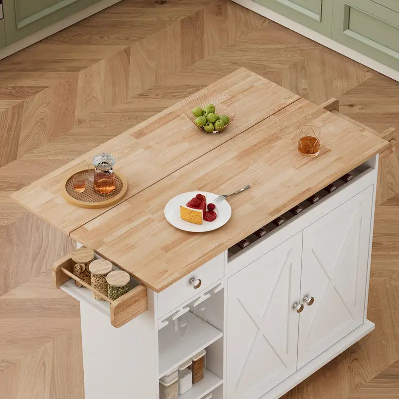 Chariot de cuisine roulant avec plateau en bois massif, casier à vin et tiroir, blanc, style moderne