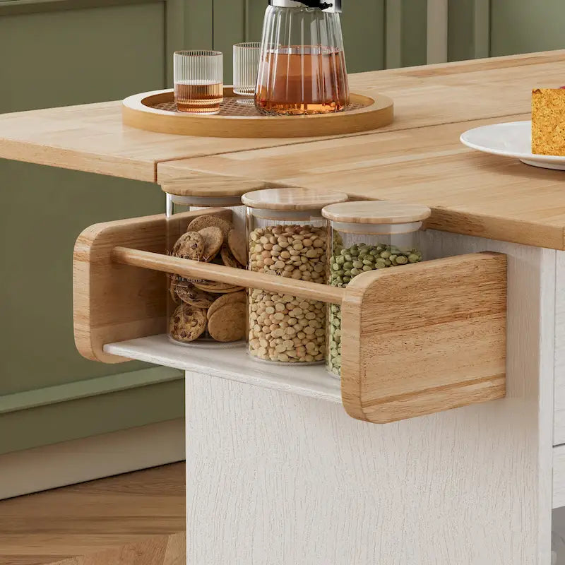 Chariot de cuisine roulant avec plateau en bois massif, casier à vin et tiroir, blanc, style moderne