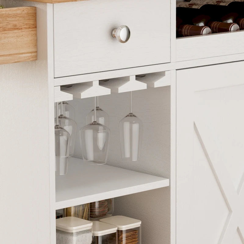 Chariot de cuisine roulant avec plateau en bois massif, casier à vin et tiroir, blanc, style moderne