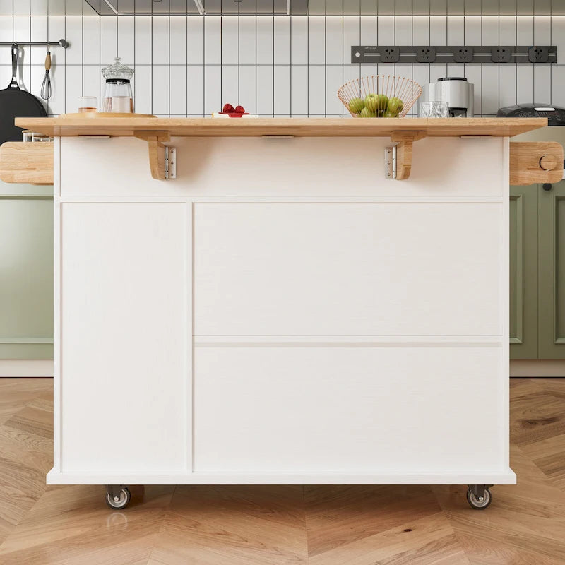 Chariot de cuisine roulant avec plateau en bois massif, casier à vin et tiroir, blanc, style moderne