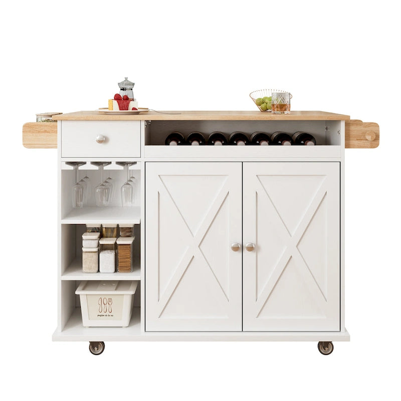 Chariot de cuisine roulant avec plateau en bois massif, casier à vin et tiroir, blanc, style moderne