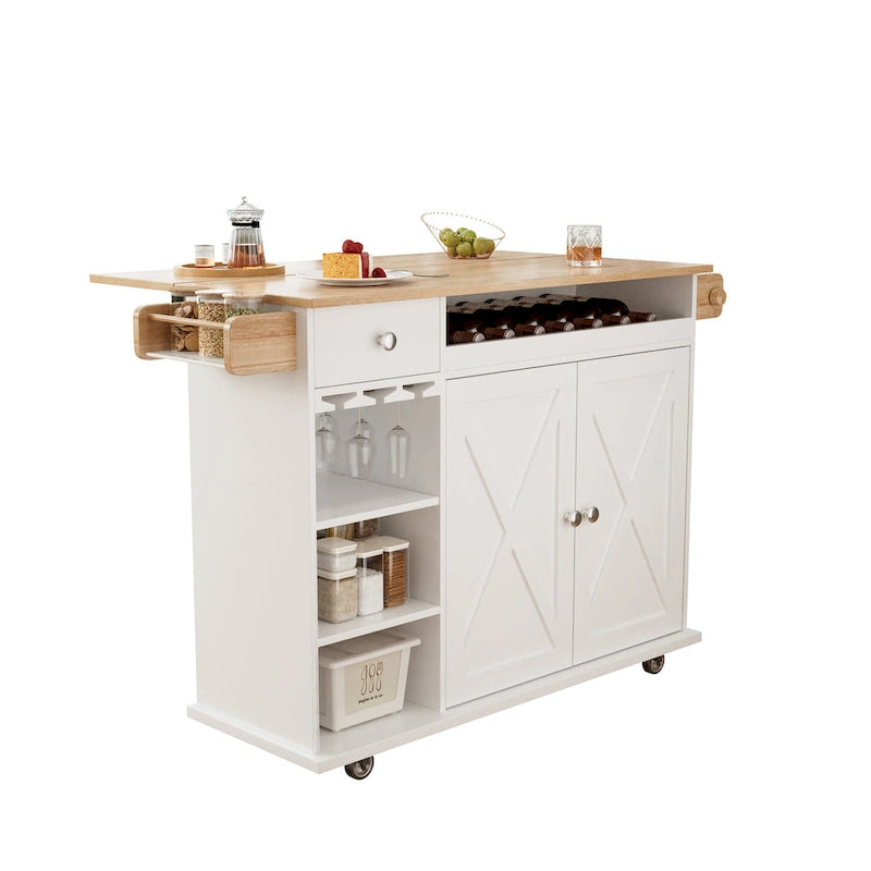 Chariot de cuisine roulant avec plateau en bois massif, casier à vin et tiroir, blanc, style moderne