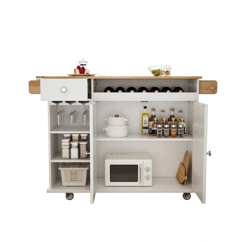 Chariot de cuisine roulant avec plateau en bois massif, casier à vin et tiroir, blanc, style moderne