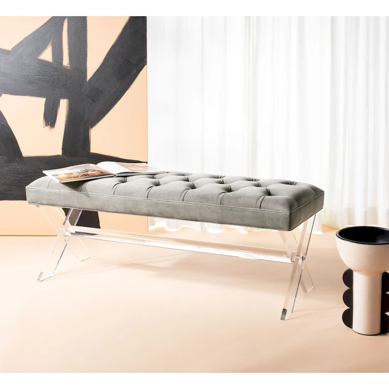Banc capitonné en velours avec pieds en acrylique, vert forêt / bleu marine / ivoire / gris foncé, 1 à 2 personnes