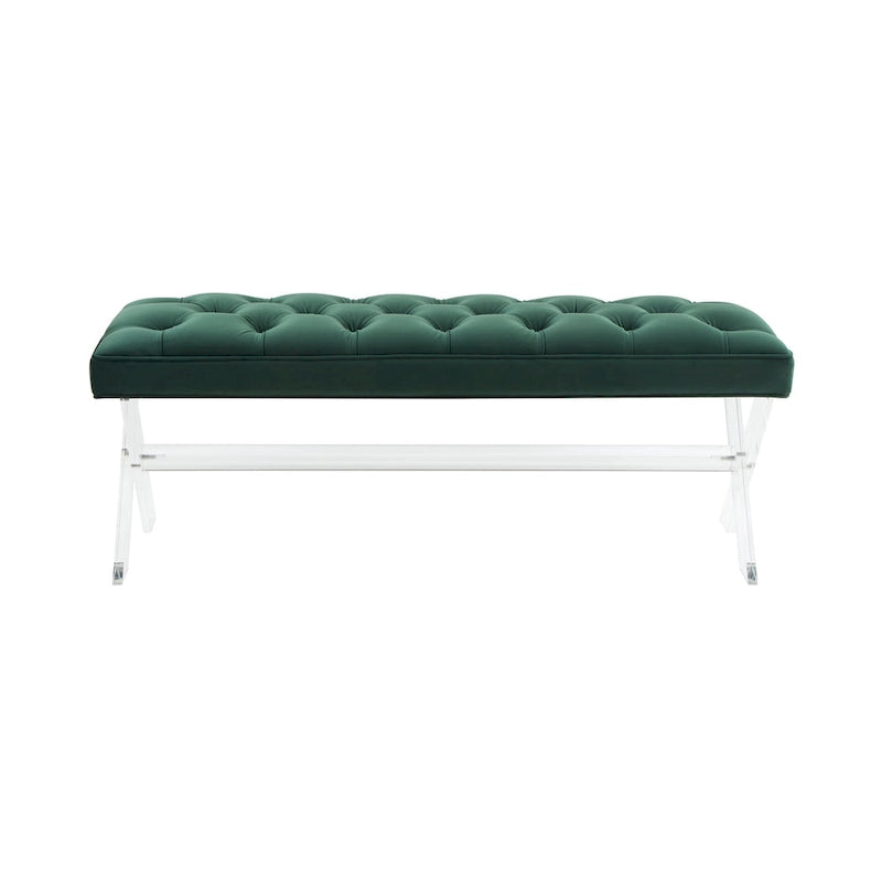 Banc capitonné en velours avec pieds en acrylique, vert forêt / bleu marine / ivoire / gris foncé, 1 à 2 personnes