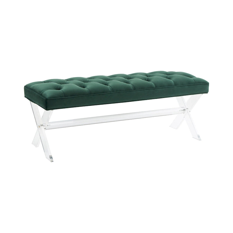 Banc capitonné en velours avec pieds en acrylique, vert forêt / bleu marine / ivoire / gris foncé, 1 à 2 personnes
