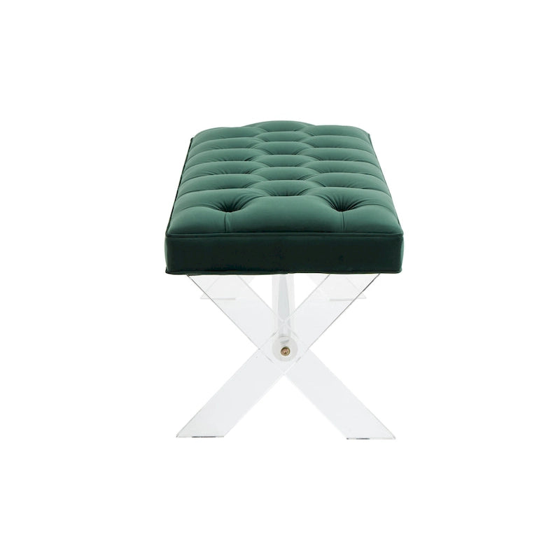Banc capitonné en velours avec pieds en acrylique, vert forêt / bleu marine / ivoire / gris foncé, 1 à 2 personnes