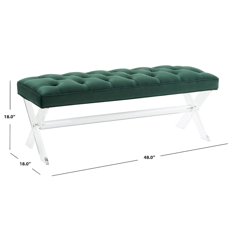 Banc capitonné en velours avec pieds en acrylique, vert forêt / bleu marine / ivoire / gris foncé, 1 à 2 personnes