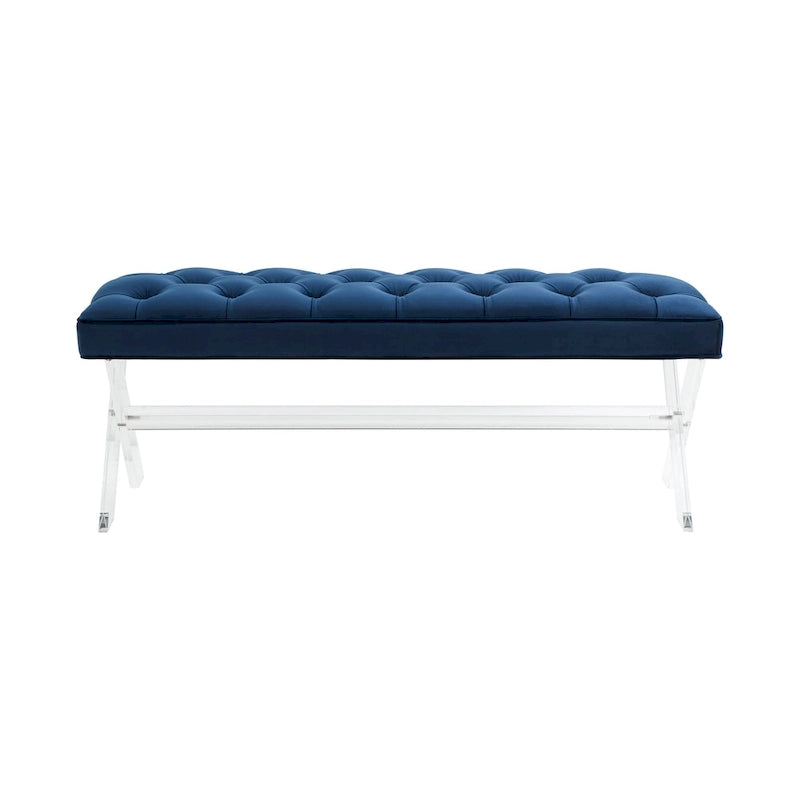 Banc capitonné en velours avec pieds en acrylique, vert forêt / bleu marine / ivoire / gris foncé, 1 à 2 personnes