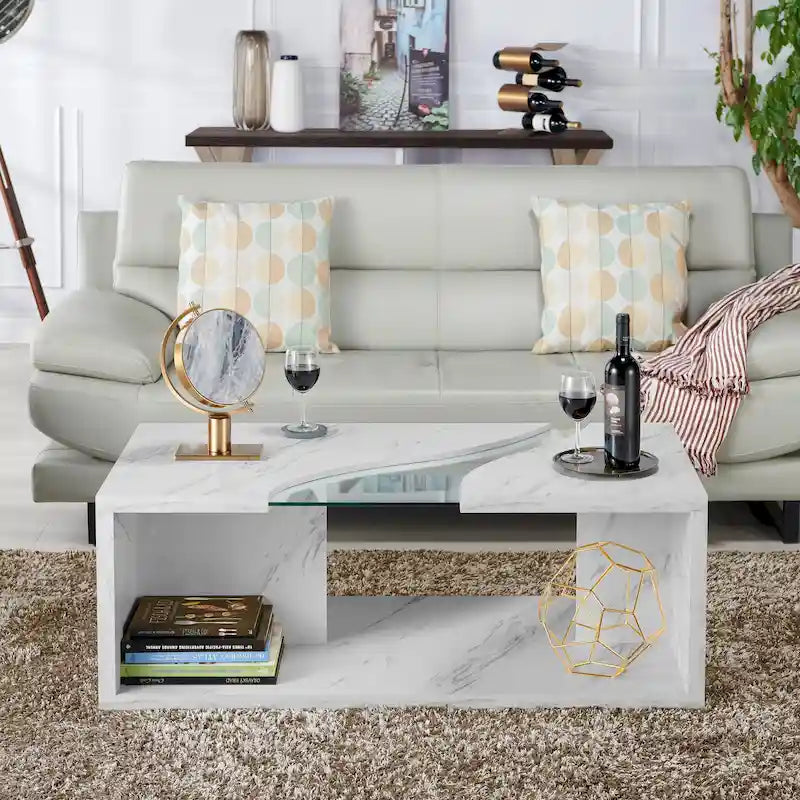 Table basse effet marbre avec insert en verre, blanc/gris, version standard ou LED, salon