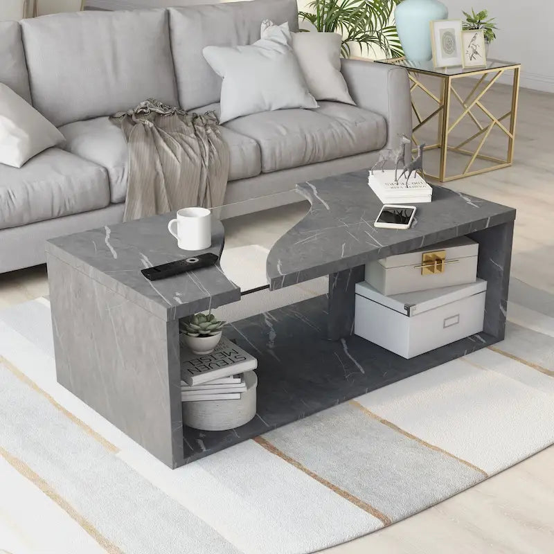 Table basse effet marbre avec insert en verre, blanc/gris, version standard ou LED, salon