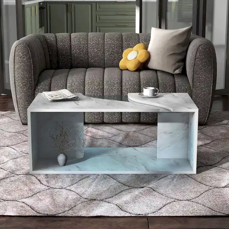 Table basse effet marbre avec insert en verre, blanc/gris, version standard ou LED, salon