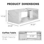 Table basse effet marbre avec insert en verre, blanc/gris, version standard ou LED, salon