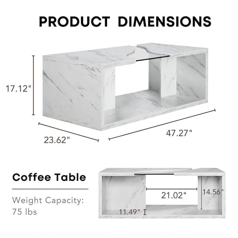 Table basse effet marbre avec insert en verre, blanc/gris, version standard ou LED, salon