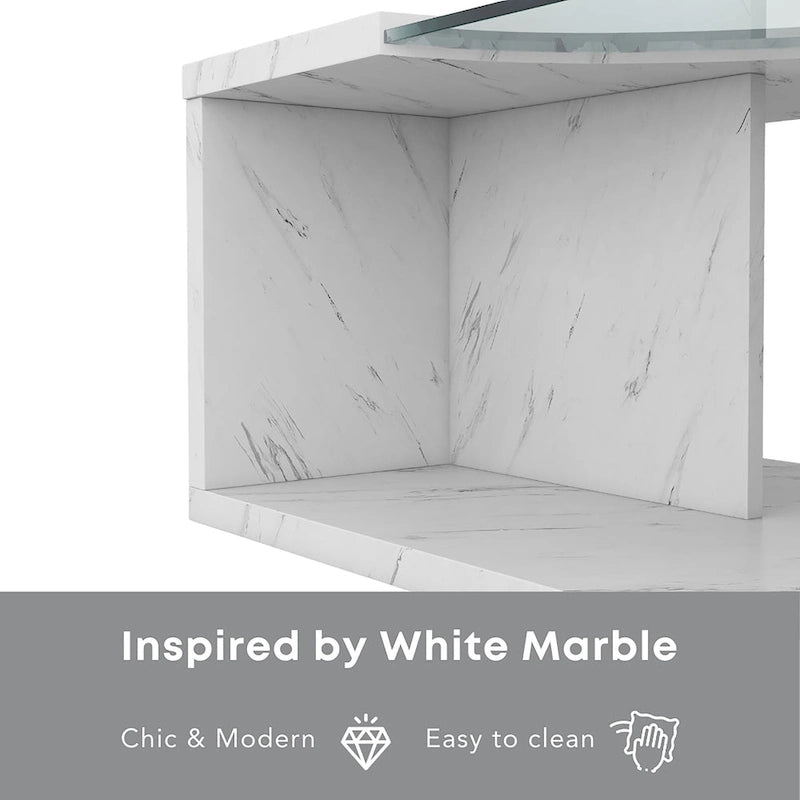 Table basse effet marbre avec insert en verre, blanc/gris, version standard ou LED, salon