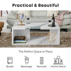 Table basse effet marbre avec insert en verre, blanc/gris, version standard ou LED, salon