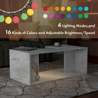 Table basse effet marbre avec insert en verre, blanc/gris, version standard ou LED, salon