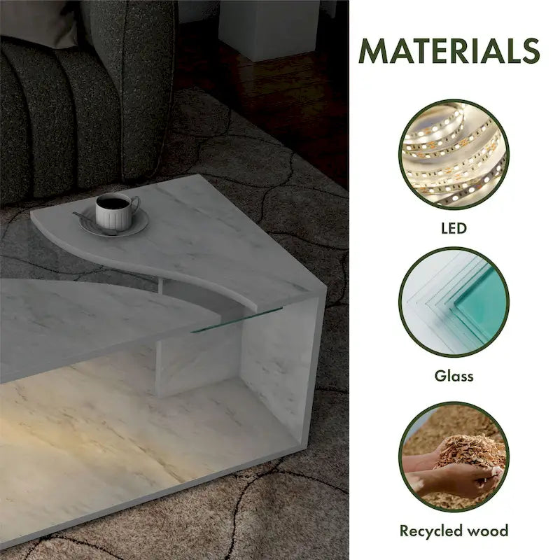 Table basse effet marbre avec insert en verre, blanc/gris, version standard ou LED, salon