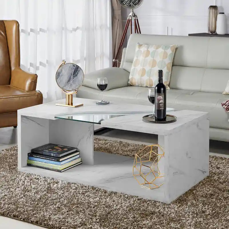 Table basse effet marbre avec insert en verre, blanc/gris, version standard ou LED, salon