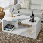 Table basse effet marbre avec insert en verre, blanc/gris, version standard ou LED, salon