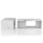 Table basse effet marbre avec insert en verre, blanc/gris, version standard ou LED, salon