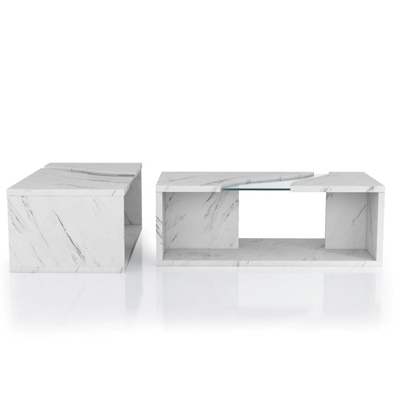 Table basse effet marbre avec insert en verre, blanc/gris, version standard ou LED, salon