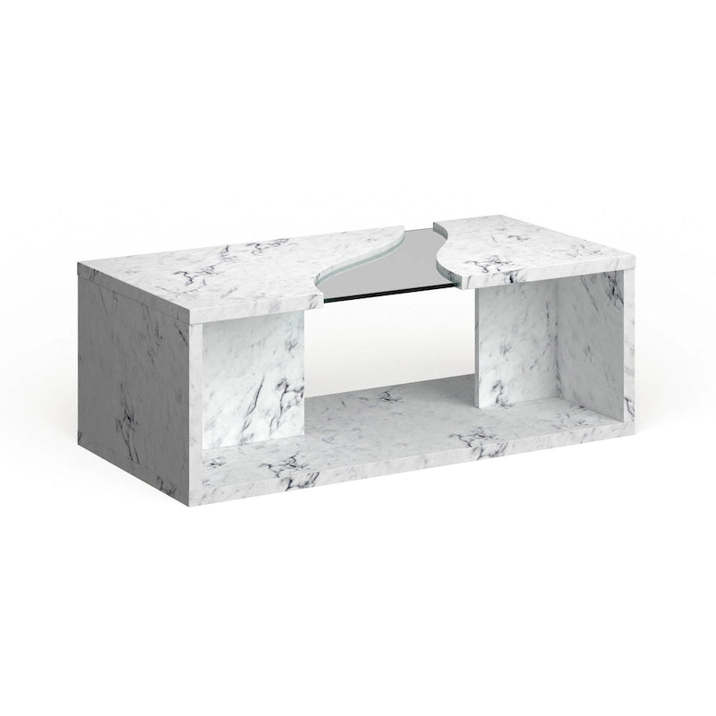 Table basse effet marbre avec insert en verre, blanc/gris, version standard ou LED, salon