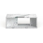 Table basse effet marbre avec insert en verre, blanc/gris, version standard ou LED, salon