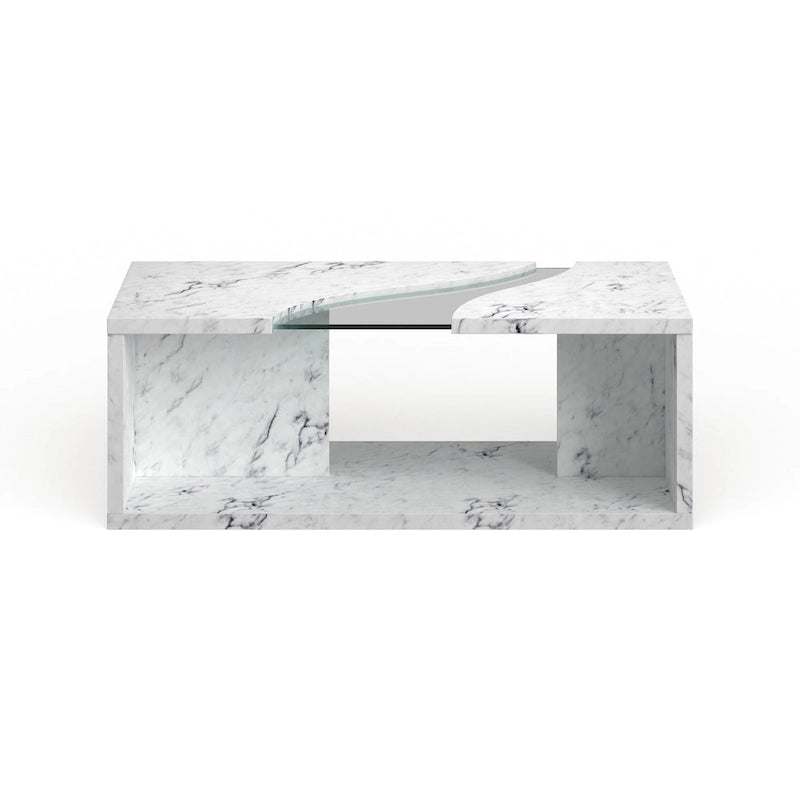 Table basse effet marbre avec insert en verre, blanc/gris, version standard ou LED, salon