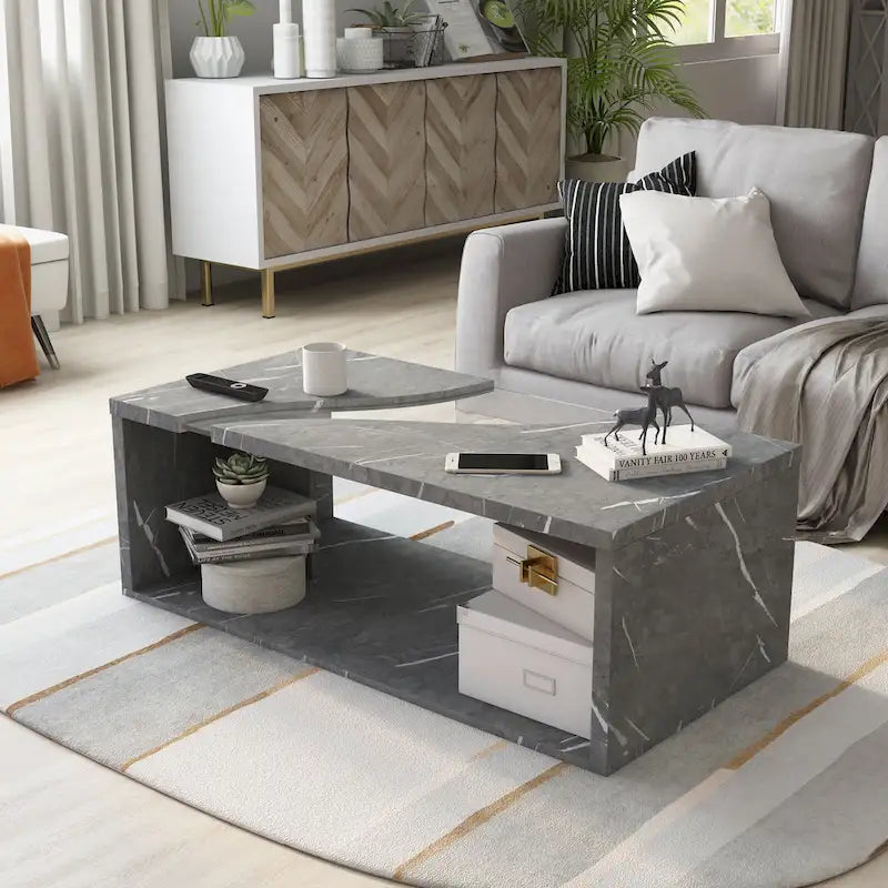 Table basse effet marbre avec insert en verre, blanc/gris, version standard ou LED, salon