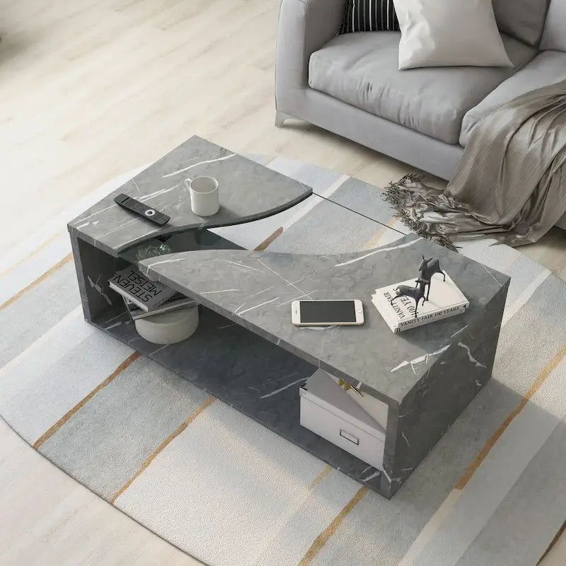 Table basse effet marbre avec insert en verre, blanc/gris, version standard ou LED, salon