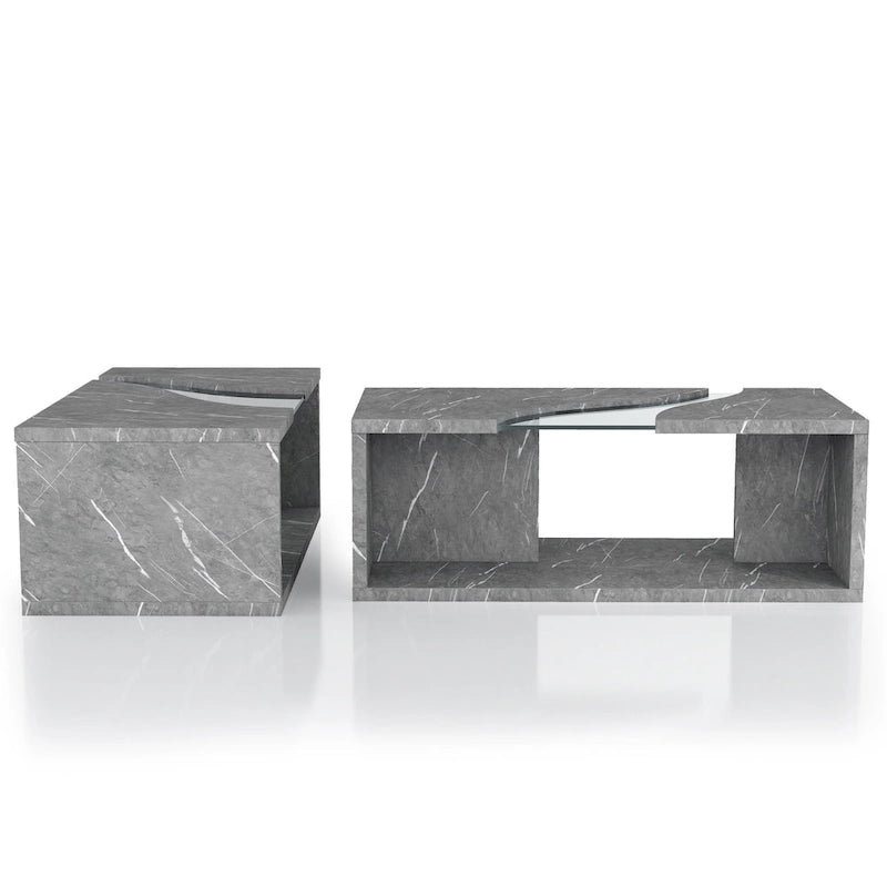 Table basse effet marbre avec insert en verre, blanc/gris, version standard ou LED, salon