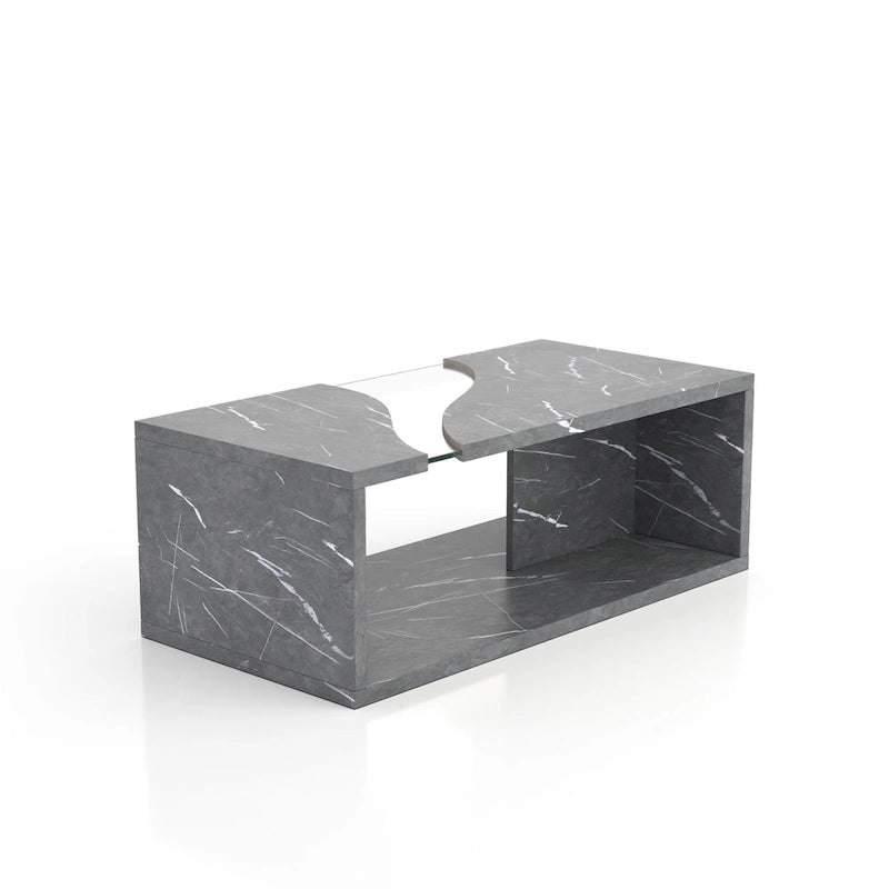 Table basse effet marbre avec insert en verre, blanc/gris, version standard ou LED, salon