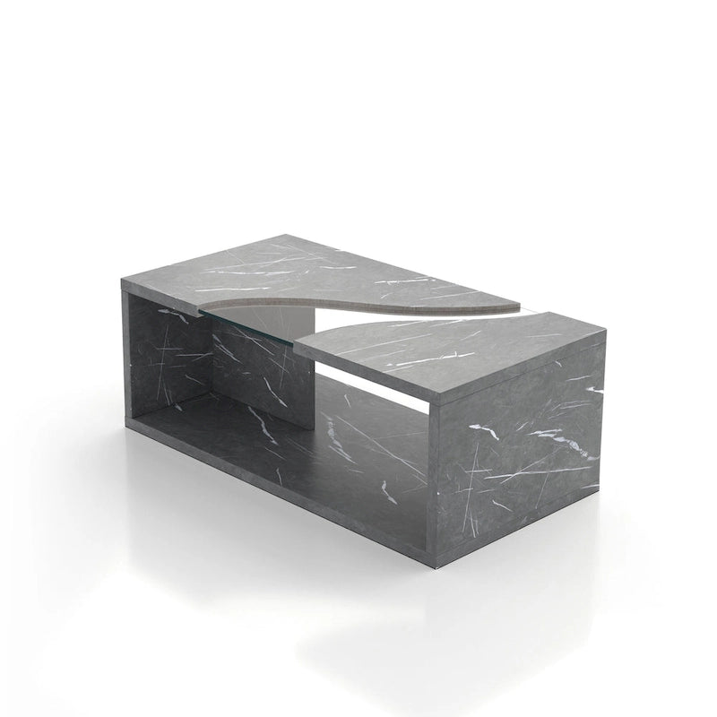 Table basse effet marbre avec insert en verre, blanc/gris, version standard ou LED, salon