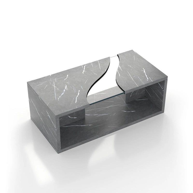 Table basse effet marbre avec insert en verre, blanc/gris, version standard ou LED, salon