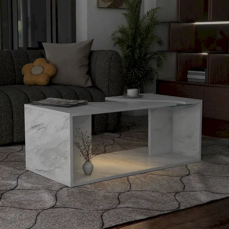Table basse effet marbre avec insert en verre, blanc/gris, version standard ou LED, salon