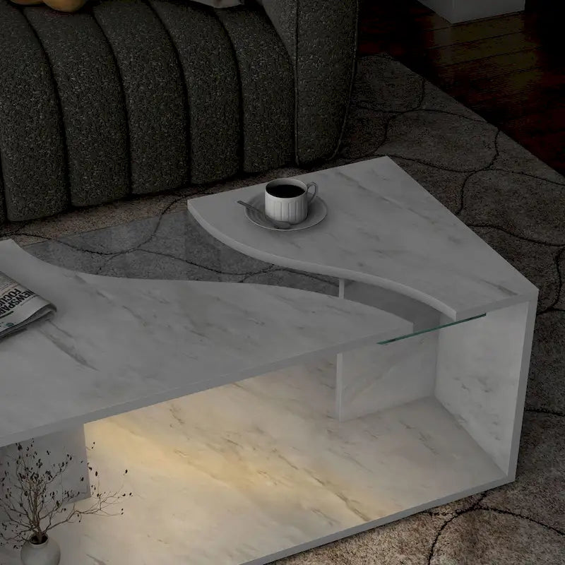 Table basse effet marbre avec insert en verre, blanc/gris, version standard ou LED, salon