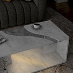 Table basse effet marbre avec insert en verre, blanc/gris, version standard ou LED, salon
