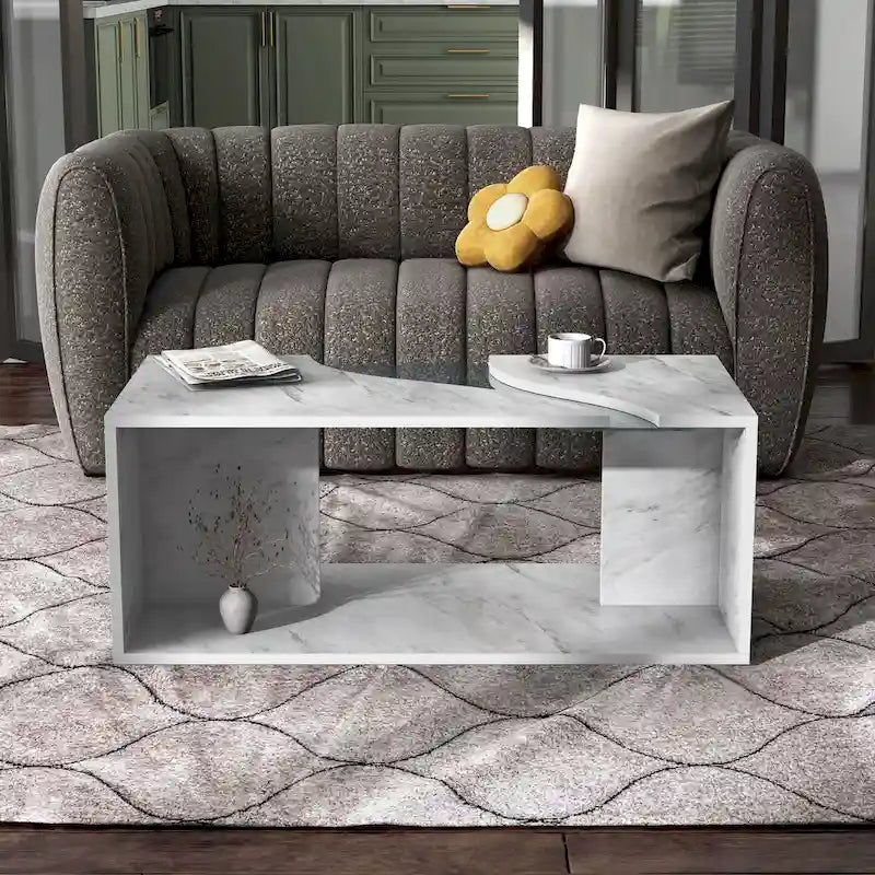 Table basse effet marbre avec insert en verre, blanc/gris, version standard ou LED, salon
