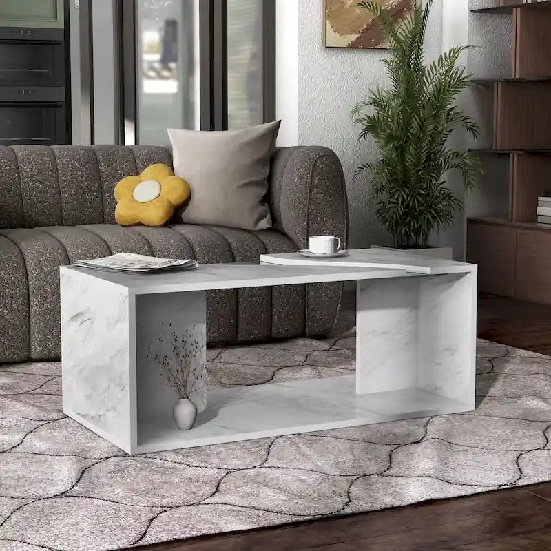 Table basse effet marbre avec insert en verre, blanc/gris, version standard ou LED, salon