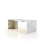 Table basse effet marbre avec insert en verre, blanc/gris, version standard ou LED, salon