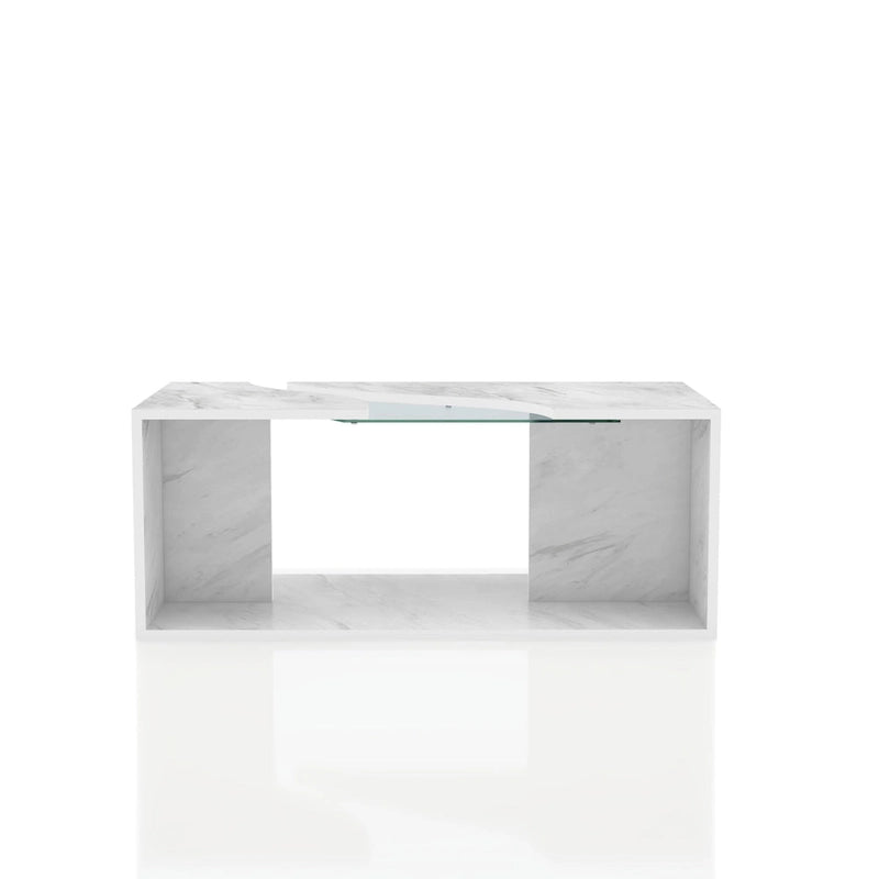 Table basse effet marbre avec insert en verre, blanc/gris, version standard ou LED, salon