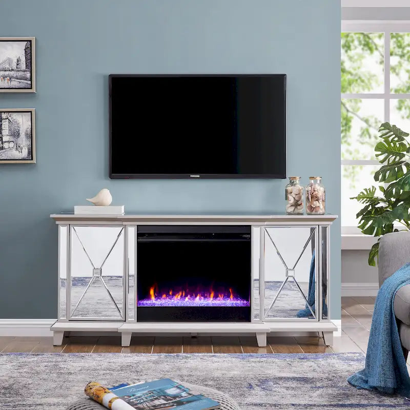 Meuble TV multimédia cheminée à miroir avec armoires de rangement, Argent / Or, Style glamour, Convient aux téléviseurs jusqu'à 62"