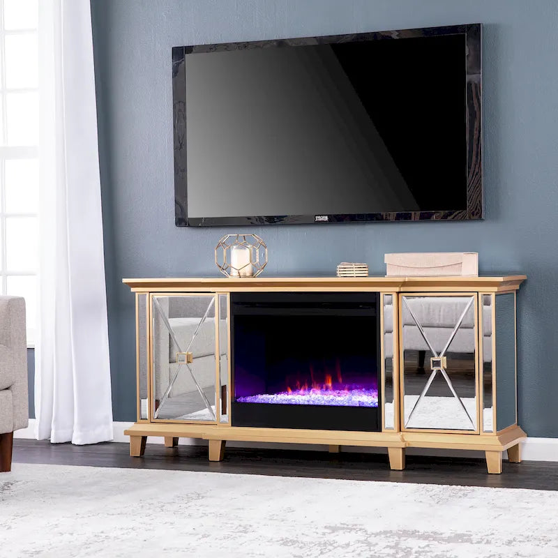 Meuble TV multimédia cheminée à miroir avec armoires de rangement, Argent / Or, Style glamour, Convient aux téléviseurs jusqu'à 62"