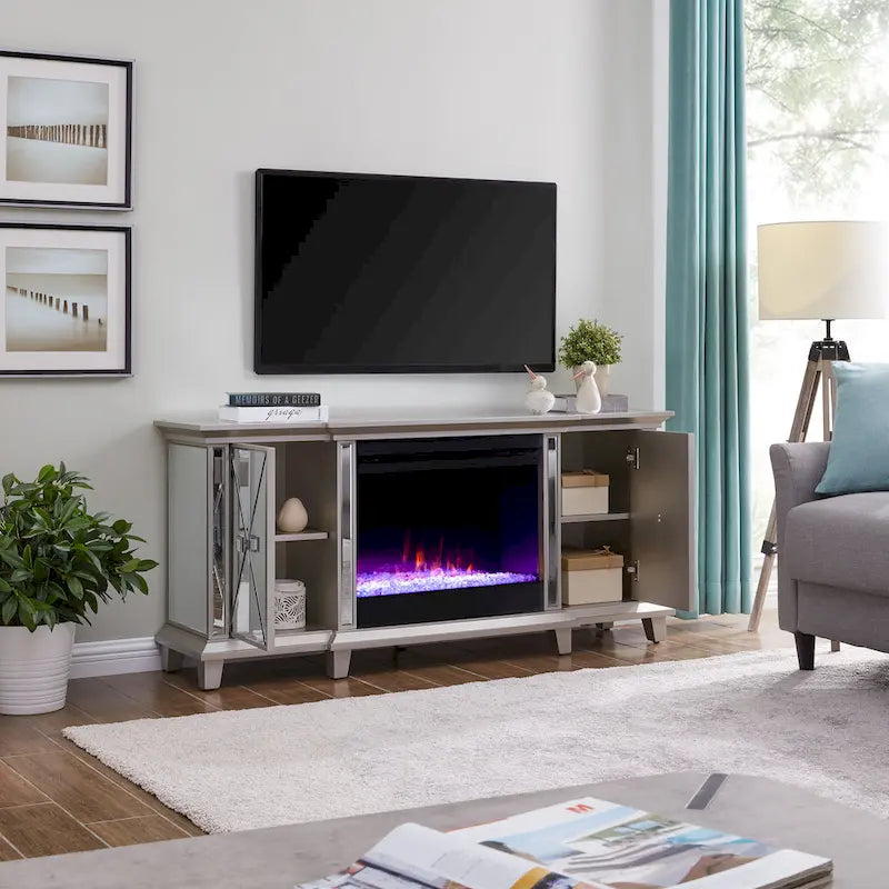 Meuble TV multimédia cheminée à miroir avec armoires de rangement, Argent / Or, Style glamour, Convient aux téléviseurs jusqu'à 62"