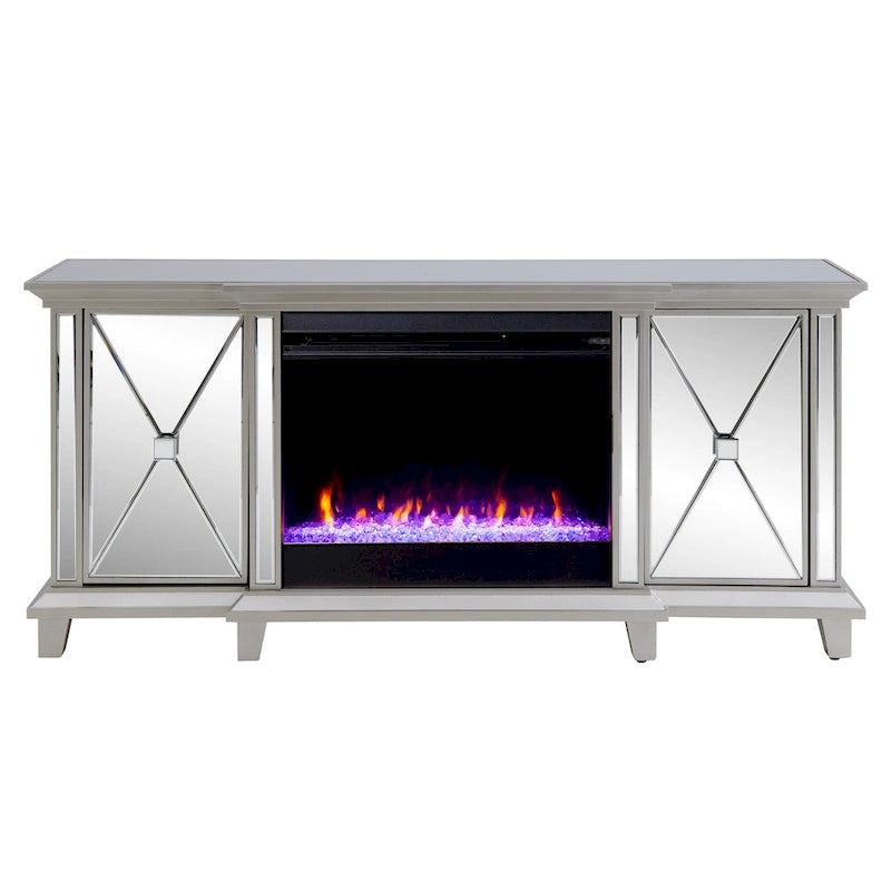 Meuble TV multimédia cheminée à miroir avec armoires de rangement, Argent / Or, Style glamour, Convient aux téléviseurs jusqu'à 62"