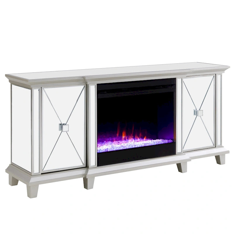 Meuble TV multimédia cheminée à miroir avec armoires de rangement, Argent / Or, Style glamour, Convient aux téléviseurs jusqu'à 62"