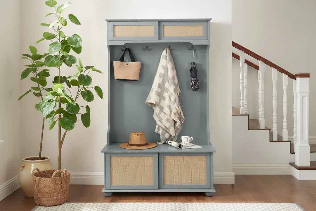 Hall Tree Entryway Bench with Rattan Door and Shoe Cabinets