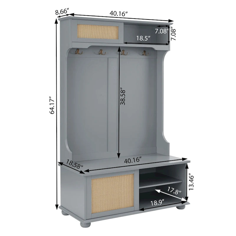 Meuble d'entrée 4-en-1 avec portes de placard en rotin, banc à chaussures et patères, Gris / Blanc, Style Moderne